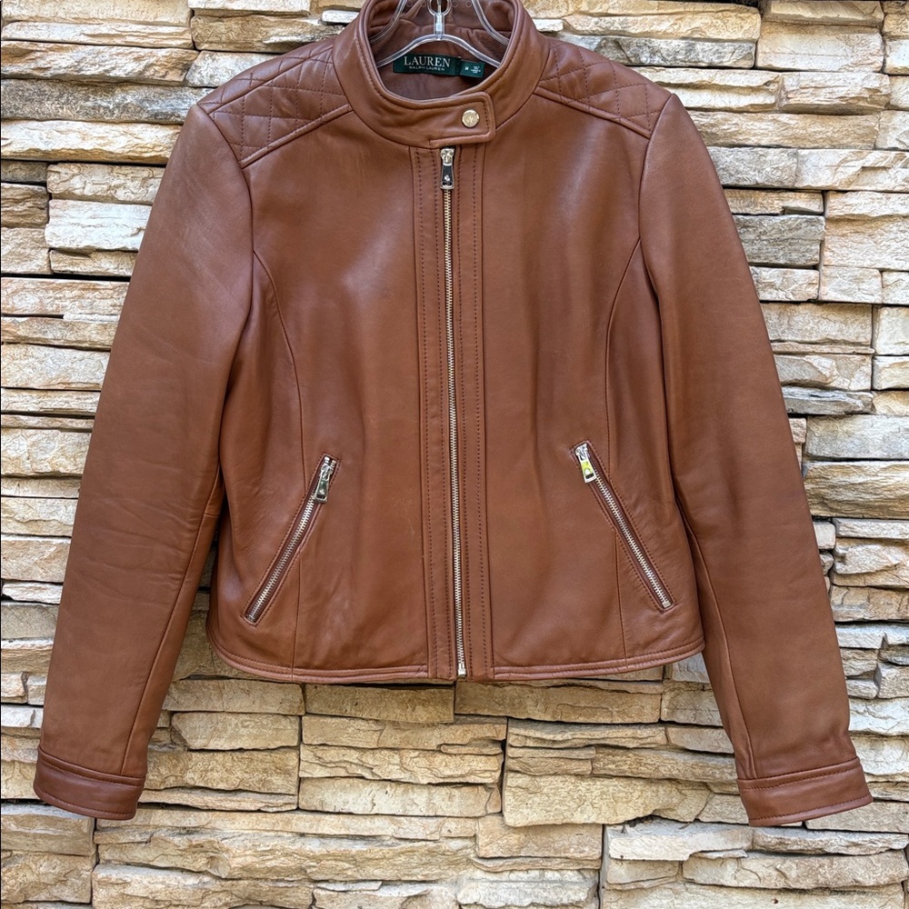 Ralph Lauren brown lamb skin leather moto jacket quilted 3 season sz M